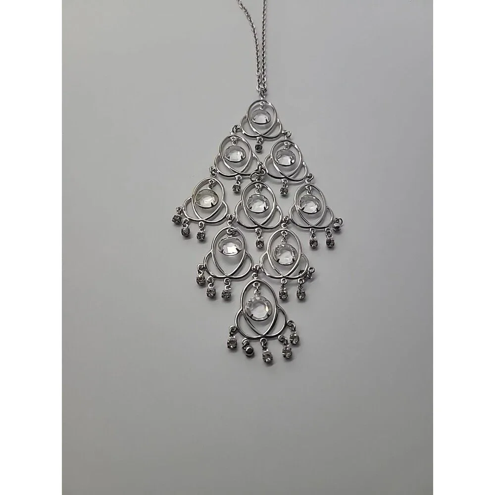 Silver‎ Tone Chandelier Necklace Clear Rhinestone Statement Dangle Bib Necklace